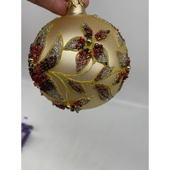 Vintage Kirkland Jeweled Poinsettia Glass Ornament Seed Beads Gliter Ball pair - Picture 9 of 13
